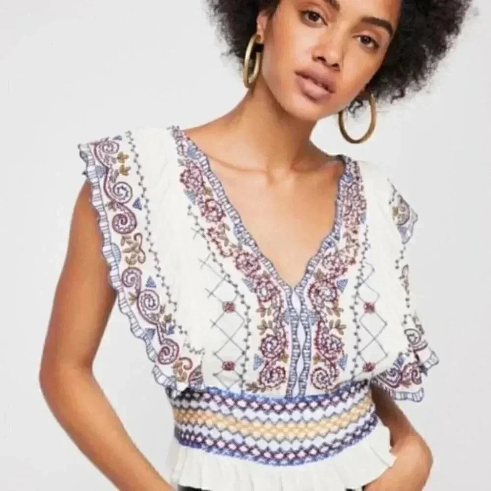 Free People- White Holland Park Beaded Blouse - Picture 2 of 8